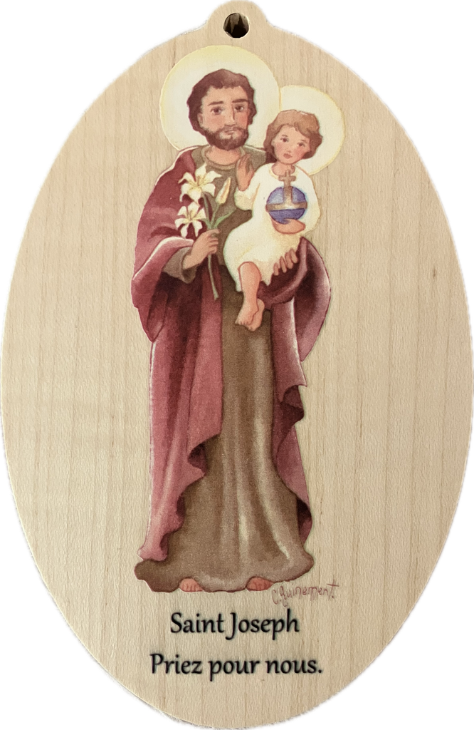 [MG28] Gd médaillon en bois "St Joseph priez pour nous"