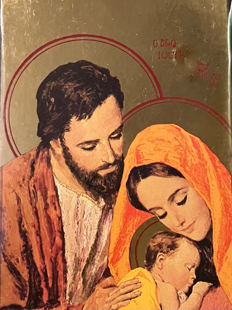 La Sainte Famille (rouge tendre - fond doré) - Mini Icône Autocollante 8x7 cm