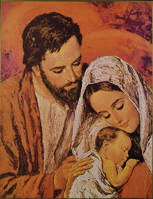 La Sainte Famille - Mini Icône Autocollante 8x7 cm (Rouge tendre - fond doré)