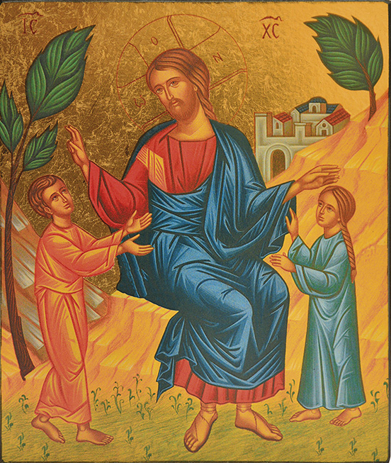 Jésus accueillant les Enfants - Icône Dorée à la Feuille 9x8 cm