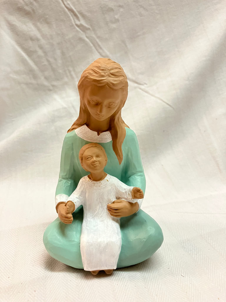 Statue N-D de l'Accueil (assise avec l'Enfant) 15 cm vert d'eau