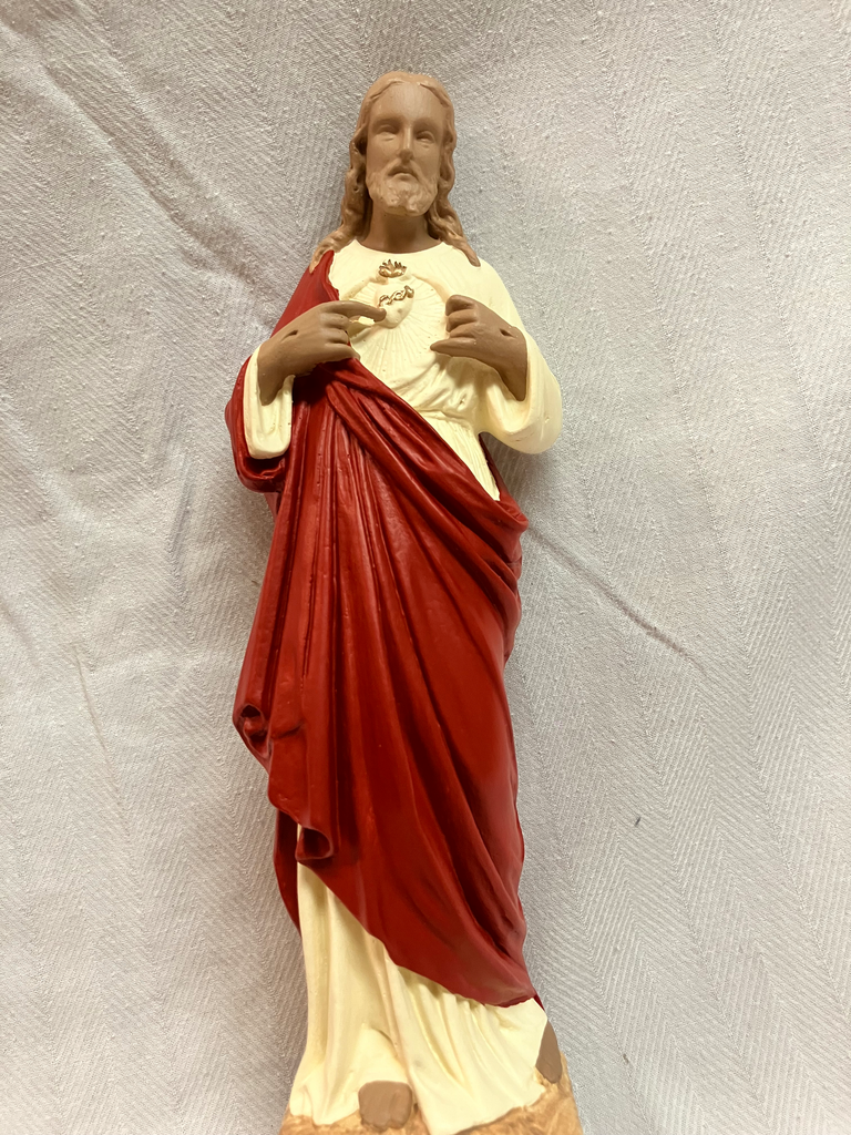 Statue Sacré Cœur 15cm - Résine - Couleur, visage-mains et socle ton bois