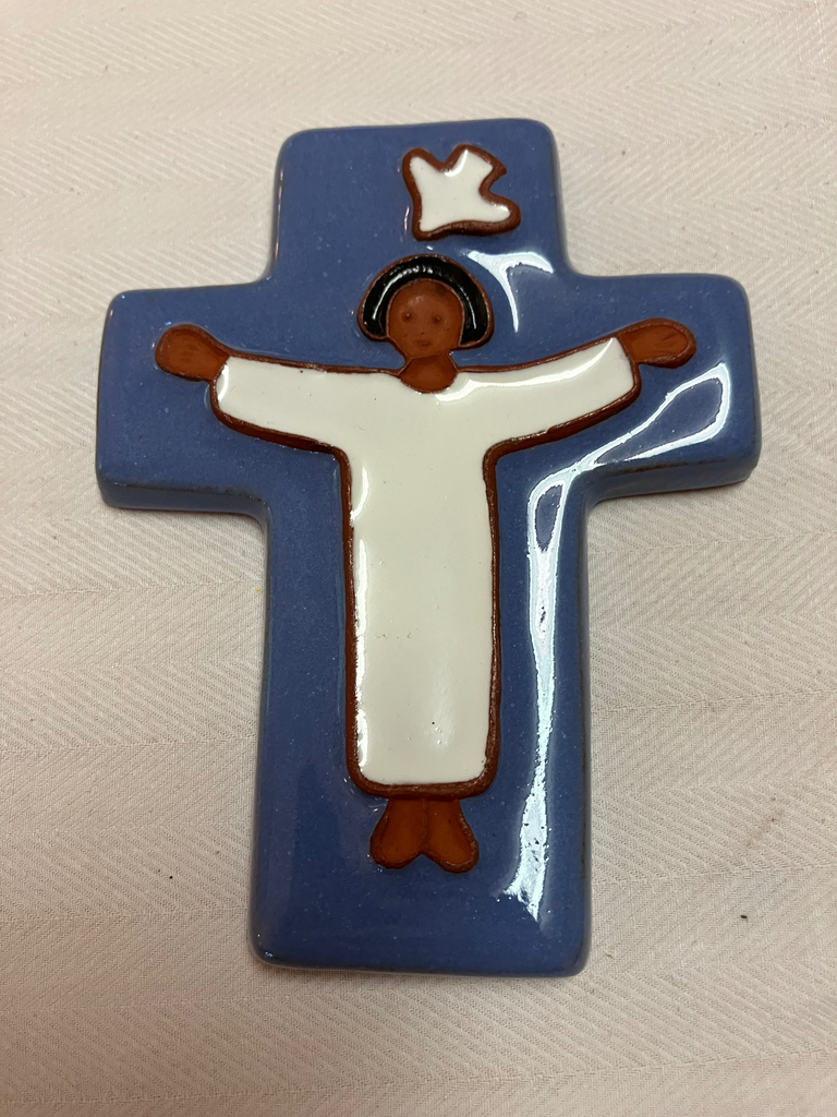 Croix céramique en chamotte 10x12,5 cm- Bleue