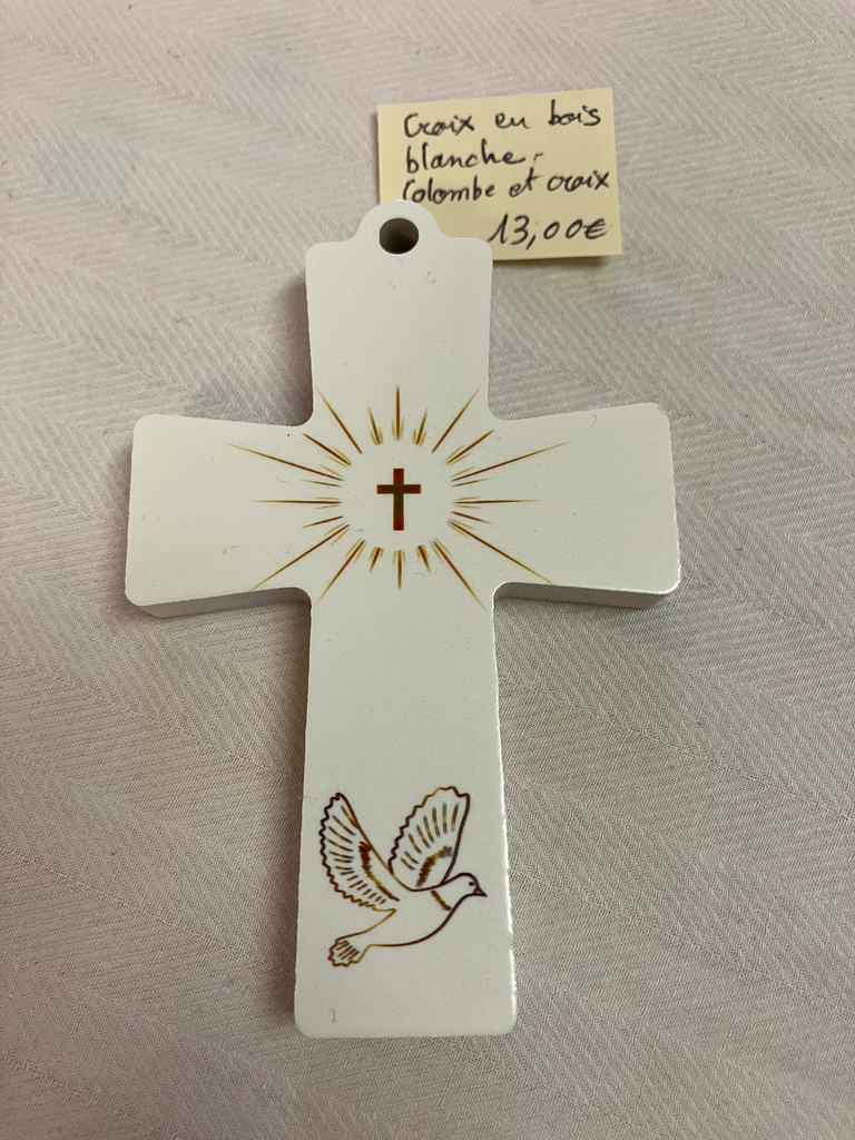 Croix en bois blanche - Illustration colombe et croix 10 x 7 cm