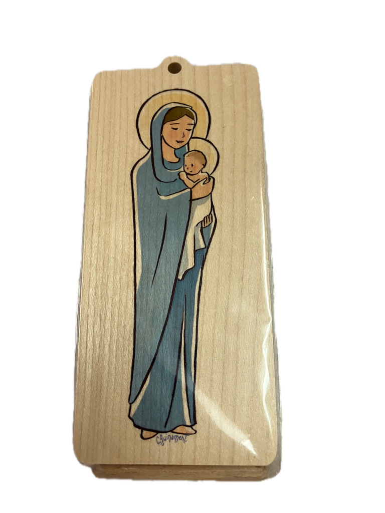 Plaquette en bois - Vierge à l'enfant 7 x 15 cm