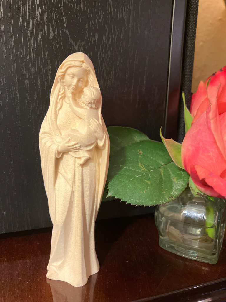 Statue moderne en bois naturel "Vierge à l'enfant"