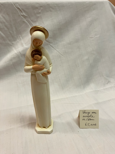Statue Vierge à l'enfant avec auréole 20cm - Pierreline - Vêtement blanc et or avec patine
