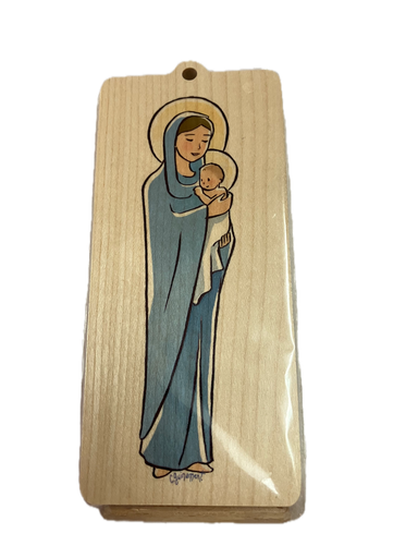 Plaquette en bois - Vierge à l'enfant 7 x 15 cm