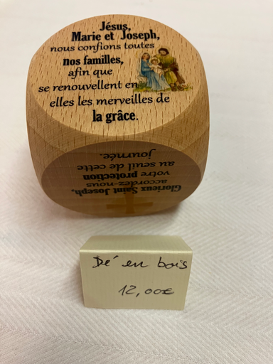 Dé en bois hêtre vernis " Prière à Saint François" 5 x 5 cm 