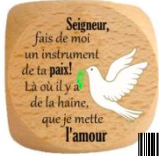 Dé en bois hêtre vernis " Prière à Saint François" 5 x 5 cm 